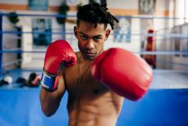 Ethnic fighter punching air — Stock Photo