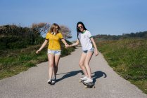 Жіночі друзі зі скейтбордом на сільській дорозі — стокове фото