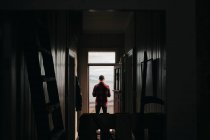 Вид сзади на человека, стоящего в дверном проеме дома и смотрящего на воду в ледяной земле — стоковое фото