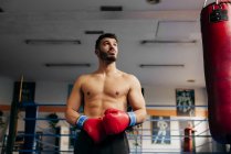 Muscular man in gloves standing in gym — Stock Photo