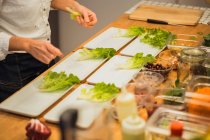Mani femminili che servono piatti con insalata — Foto stock