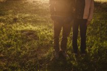 Vista frontale di una coppia che si abbraccia nella foresta al tramonto — Foto stock
