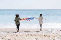 Vista traseira de duas jovens mulheres na praia com bandeira dos EUA . — Fotografia de Stock