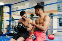 Men putting on boxing gloves and talking — Stock Photo