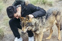 Молодий чоловік погладжує вовка в зоопарку — стокове фото
