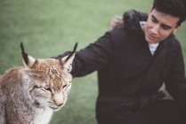 Молодий чоловік погладжує рись в зоопарку — стокове фото