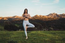 Женщина медитирует на траве в природе на фоне гор — стоковое фото