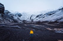 Mulher de casaco amarelo em pé perto de montanhas nevadas — Fotografia de Stock