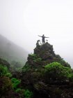 Знизу чоловіка з рюкзаком тримає руки, насолоджуючись видом з високої зеленої скелі в тропічній долині — стокове фото
