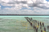 Filas de estacas podridas en el mar Caribe turquesa con cielo nublado en el fondo, México - foto de stock