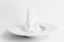 Carta stropicciata su piatto di ceramica su sfondo bianco — Foto stock