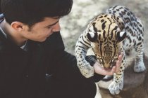 Junger Mann füttert Leoparden im Zoo — Stockfoto