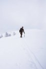 Turista con mochila escalando en montaña nevada - foto de stock