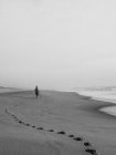 Black and white shot of anonymous man walking on empty sandy coastline with huge ocean waves in haze - foto de stock