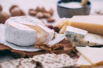 Wooden board with cheese and nuts — Stock Photo