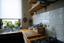 Leichte hölzerne Kücheneinrichtung mit Spüle, Herd und Holzschneidebrettern mit Korb und anderem Geschirr mit Topfpflanzen auf dem Schweller — Stockfoto