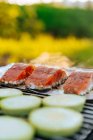 Peças de salmão e abobrinha com folha na grelha ao ar livre — Fotografia de Stock