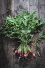 Bunch of fresh radishes with stalks on dark wooden surface — Stock Photo