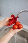 Female hands washing fresh red peppers and tomatoes in kitchen sink — Stock Photo