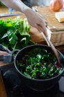 Human hand stirring spinach leaves in pot on gas stove — Stock Photo