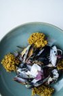 Plato de mariscos nórdicos con mejillones y salsa crema en el plato - foto de stock