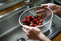 Human hands holding strainer of fresh strawberries over sink in kitchen — Stock Photo