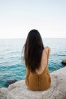 Вид ззаду жінки з довгим волоссям, що сидить на скелястій береговій лінії — стокове фото