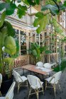 Beautiful shabby wooden cafe table with menu with rathan chairs around standing at old building on street pavement with plants with large leaves around — стоковое фото