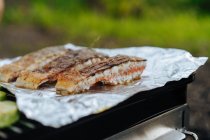 Primo piano di succosi pezzi di filetti di salmone su pellicola grigliati sulla griglia all'aperto — Foto stock