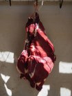 Ein Teil des riesigen rohen Rindfleisches hängt im Schatten des Zimmers am Haken — Stockfoto