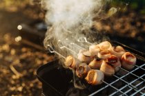 Крупный план переносной сковородки с горящим углем и шампуры с беконом гриля полосы — стоковое фото
