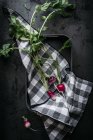 Checkered towel and ripe red radishes with stalks on black tray — Stock Photo