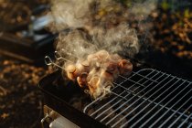 Close-up of portable griddle with burning charcoal and skewers with bacon strips grilling — Stock Photo