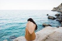 Вид сзади на женщину с длинными волосами, сидящую на скалистом берегу — стоковое фото