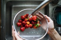 Human hands washing strawberries under sink tap — Stock Photo