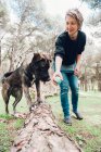 Grande cane marrone sul tronco e proprietario che gioca nella foresta con la palla — Foto stock