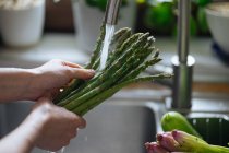 Жіночі руки миють свіжу зелену спаржу в кухонній мисці — стокове фото