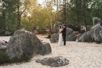 Side view of embracing happy groom and bride standing on sand with huge rocks around in sunset light against green trees — Stock Photo