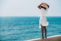 Mulher negra com chapéu de palha apreciando as vistas — Fotografia de Stock