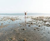 Visão traseira da mulher de pé com as mãos para cima na praia em dia ensolarado — Fotografia de Stock