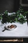 Тарелка с маленькой ложкой и порошком какао на столе с зеленой веткой — стоковое фото