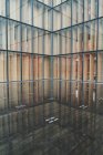 Glass walls of metropolis modern building and wet pavement — Stock Photo