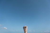 Visão traseira da mulher de pé ajustando o cabelo na frente do céu azul — Fotografia de Stock