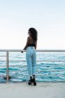 Stylish black woman in vintage high-waist jeans and top leaning on fence near sea — Stock Photo