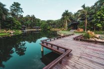 Wooden walkway above tranquil lake in tropical park, Nanning, China — Stock Photo