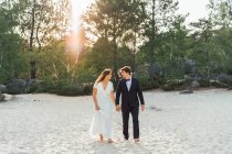 Walking wedding couple on picturesque coastline — Stock Photo