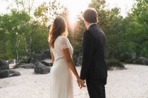 Pareja de boda en la pintoresca costa - foto de stock