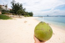 Crop person holding green coconut with drink and straw on tropical sandy seaside of Wuzhizhou Island, China — Stock Photo