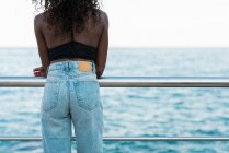 Elegante mujer negra en jeans vintage de cintura alta y parte superior apoyada en la cerca cerca del mar - foto de stock