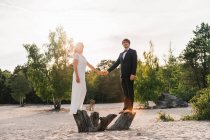 Side view of man and woman in wedding gown standing on tree stubs above sandy beach with green trees and holding hands — Stock Photo